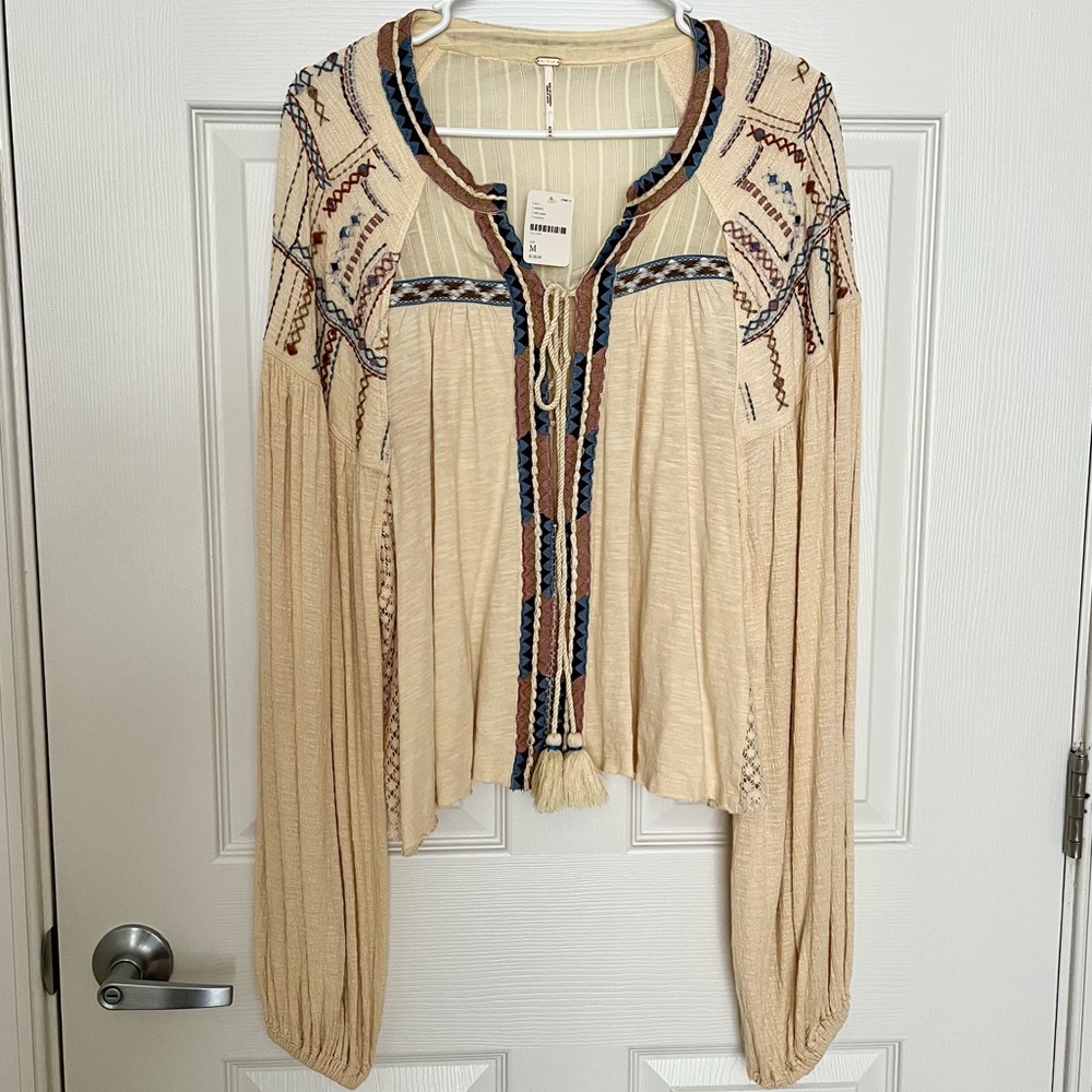 Free People Flowy Embroidered Peasant Blouse
